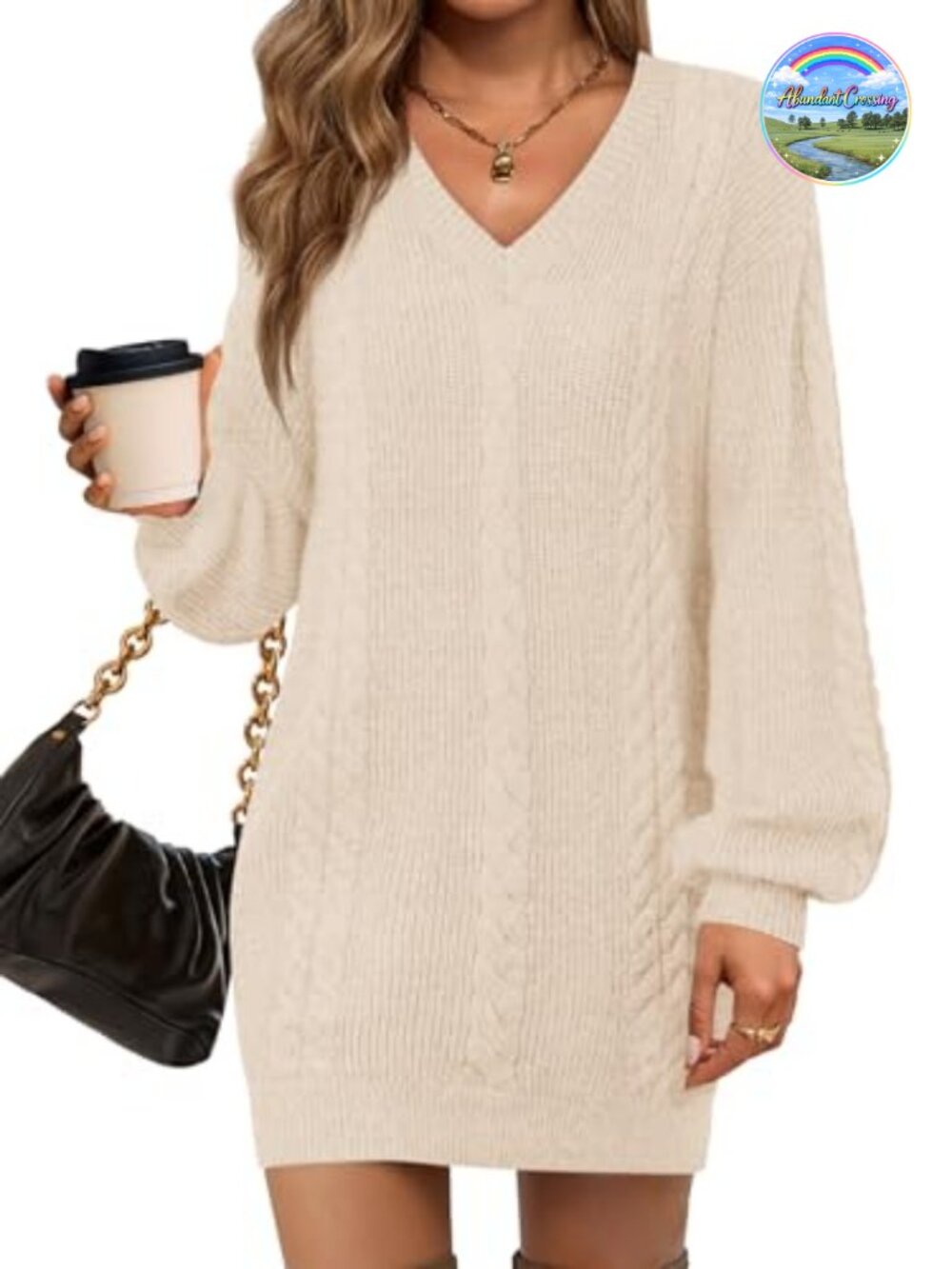 Oversized Mini Sweater Dress Cable Knit V Neck Long Lantern Sleeve Tunic